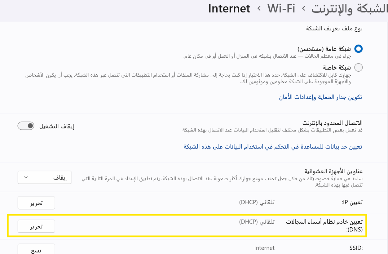 اختيار تعيين خادم DNS